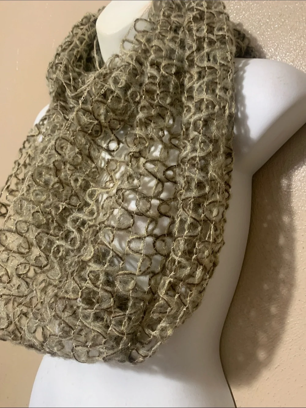14. Everyday Infinity Scarf, Open-Weave Metallic Tan Loop Scarf NWT